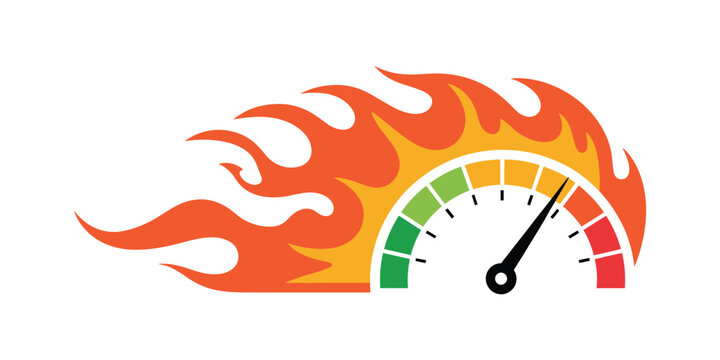 Flaming speedometer icon representing high speed performance isolated on white background, fiery racing dashboard symbol for fast acceleration power energy automotive technology modern vector illustra