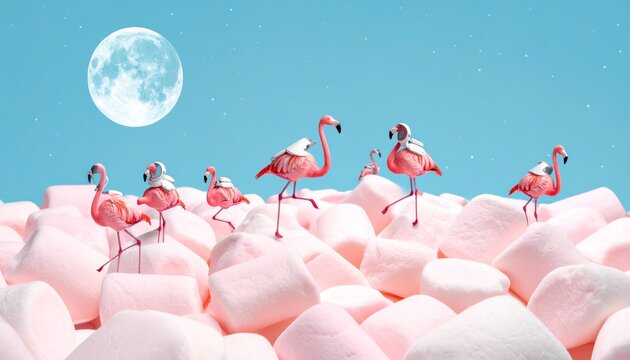 Flamingos in Astronaut Helmets Explore a Marshmallow Planet