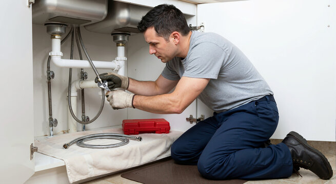 Male plumber using wrench to replace water hoses under kitchen sink. Professional handyman kneeling with tools performing residential plumbing repair