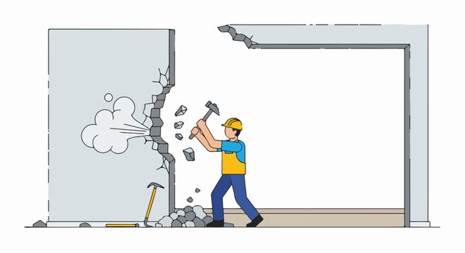 Construction worker demolishes concrete wall with hammer, creating dust clouds