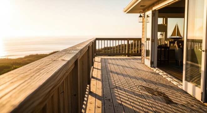 Sun-drenched wooden deck with railing overlooking ocean and horizon at golden hour