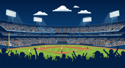 Vector illustration of a baseball stadium filled with fans watching a game under stadium lights, creating a vibrant atmosphere © Purnomo