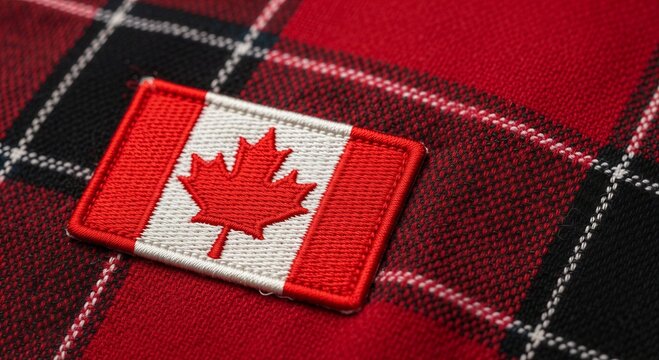 canadian flag patch close up on red and black plaid fabric national symbol of canada