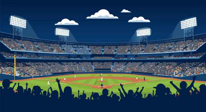 Vector illustration of a baseball stadium filled with fans watching a game under stadium lights, creating a vibrant atmosphere