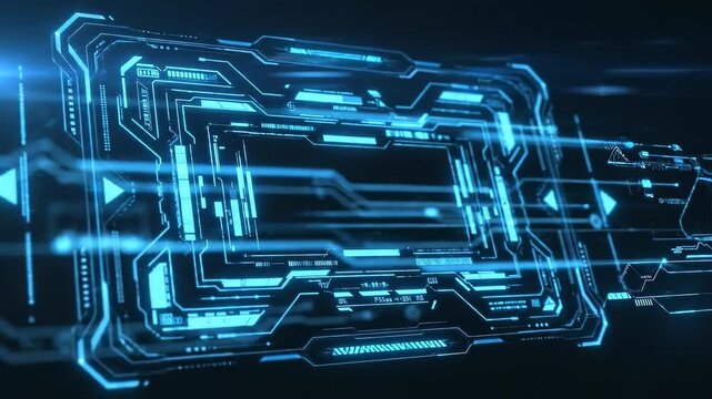 Futuristic holographic interface with glowing blue digital data streams and HUD elements