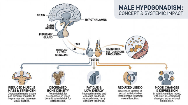 Hormonal cascade of Male Hypogonadism revealing Brain regulation and profound bodywide symptoms
