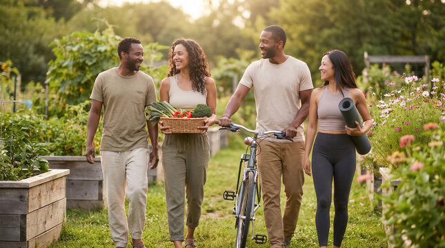Diverse friends enjoying healthy lifestyle activities in vibrant community garden