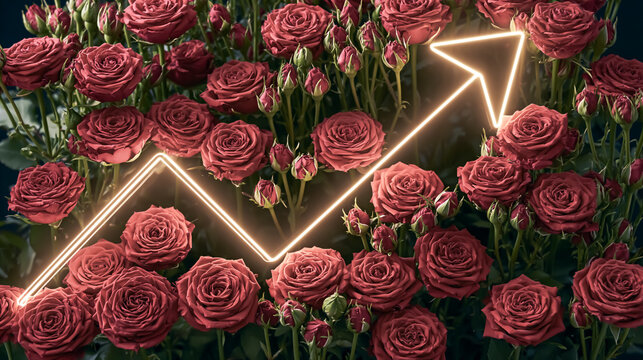 薔薇のフラワーバックグラウンドと成長を意味する矢印