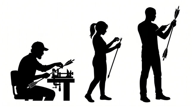 Archery craftsman fletcher making arrow at workshop workbench silhouette vector