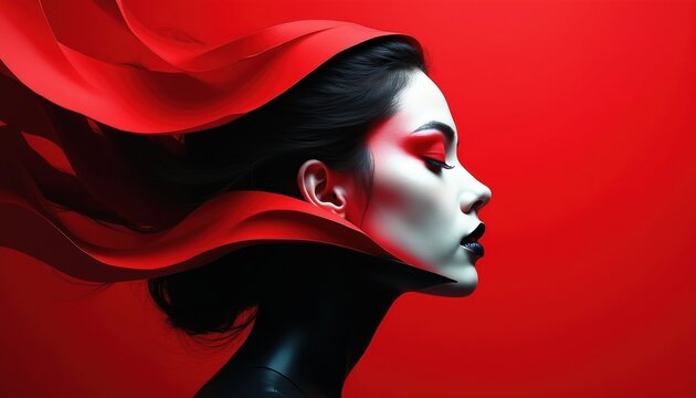 Abstract female face in profile with dramatic red makeup and flowing fabric. Dark hair frames pale skin against a vibrant red background. Bold graphic style, modern art.