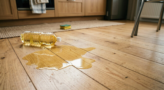 Spilled sunflower oil puddle on kitchen floor. Household accident concept. Messy cooking spill