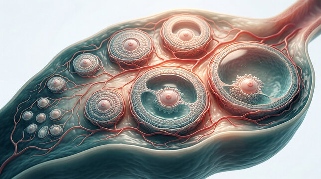 Journey of life within the ovary, showcasing the intricate ballet of developing follicles and nurturing vessels, a microscopic marvel