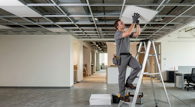 Maintenance worker installing acoustic tile in drop ceiling. Male contractor standing on a ladder in a commercial office space. Commercial building renovation and repair
