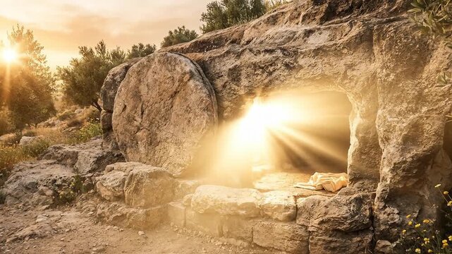 Biblical scene of the empty tomb of jesus christ during easter morning with the stone rolled away and a powerful divine bright light shining from within at sunrise