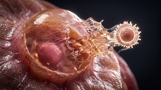 Microscopic invader breaches cellular defenses, creating a vibrant splash as a deadly pathogen initiates its attack on a living host