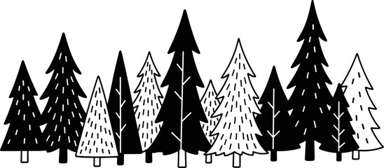 Stylized Pine Forest Silhouette - Black and White Evergreen Trees Border © dinny