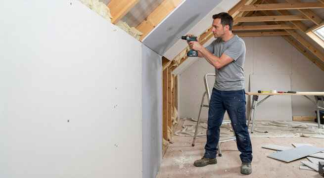 Man installing drywall on slanted attic ceiling. Male contractor using a cordless drill to attach plasterboard to wooden framing. Home improvement and attic conversion project