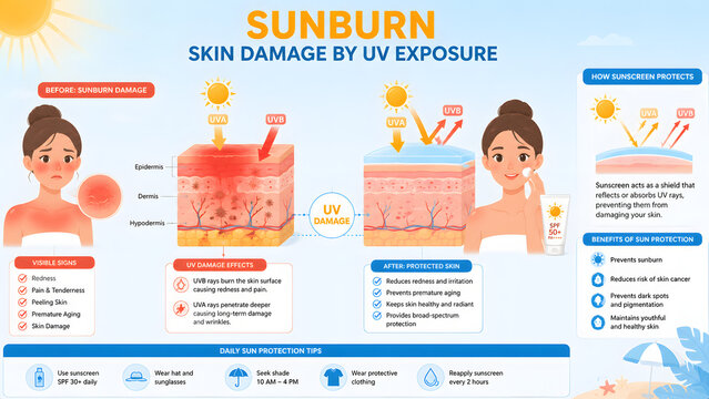 Medical Vector Infographic of UV Sunburn Skin Damage and Sunscreen Protection Concept