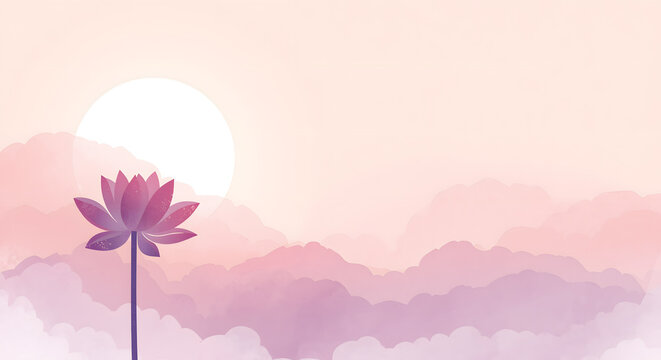 Pink Lotus Flower with Sun and Oriental Mountain Landscape Background for Yoga, Meditation, Wellness, and Japanese Style Design