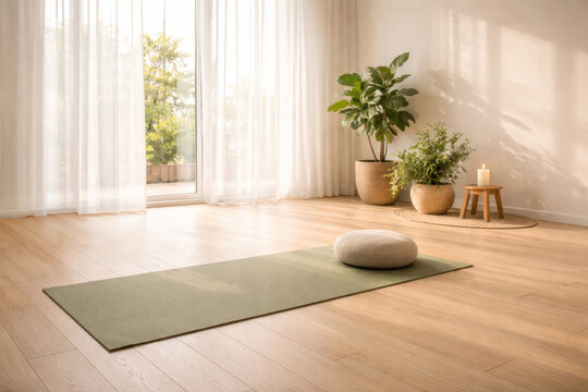 Serene yoga space with green mat and natural light