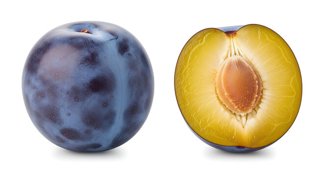 Fresh ripe plum and a half with a pit isolated on white background