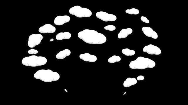 A cartoon-style two-dimensional explosion effect video animation of a thick white smoke cloud forming a mushroom cloud on a black background.
