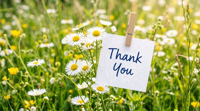 A heartfelt thank you note pinned in a vibrant field of wildflowers.