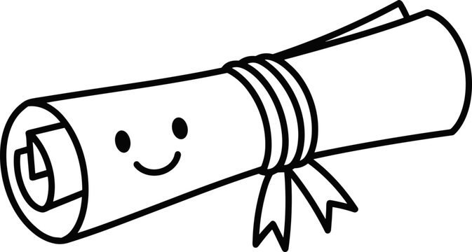Cute cartoon diploma scroll with a happy face and ribbon, black and white illustration.