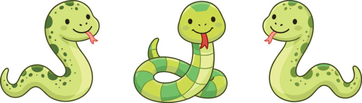 Cute Green Snake Cartoon Character Set with Different Poses Cheerful Expressions and Forked Tongue Vector Illustration for Kids and Baby Graphic Designs