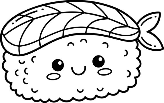 Cute Kawaii Sushi Drawing with Happy Face - Vector Illustration