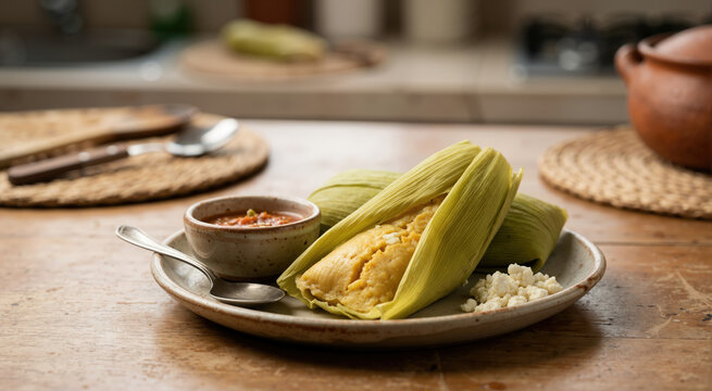 Traditional South American humitas wrapped in corn husks. Steamed corn dough served with salsa and crumbled cheese on a rustic plate