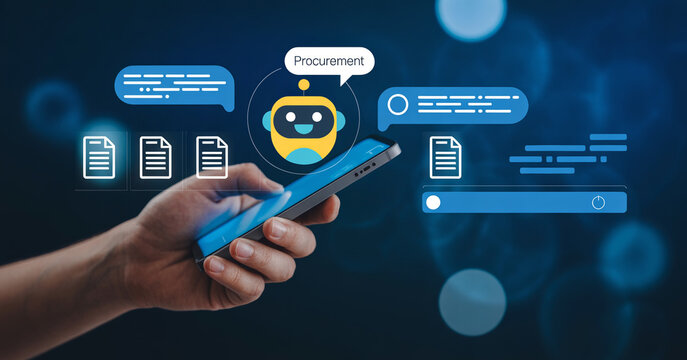 Hand holding smartphone with AI chatbot interface for automated procurement and document processing.