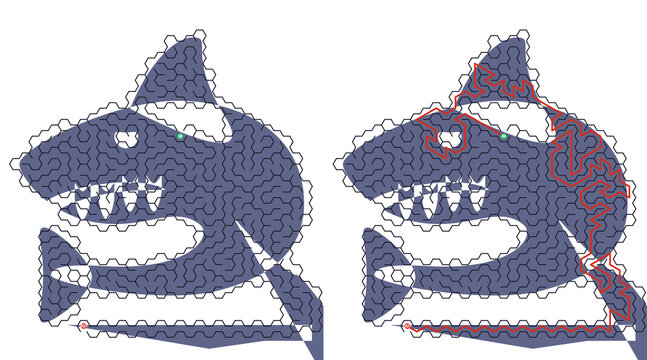 Two stylized sharks dominate the frame. Their forms are composed of interlocking puzzle pieces. One shark is solid blue, the other features red accents. The design suggests playful