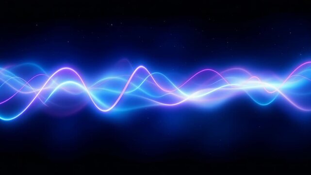 Pulsing blue and purple neon audio waves moving across a dark background with stars