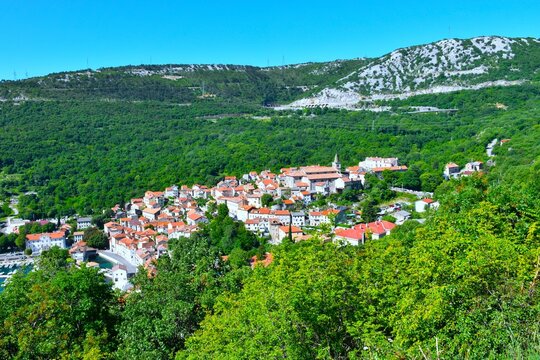 View of Bakar old town bellow the forest covered hills in Primorje, Croatia