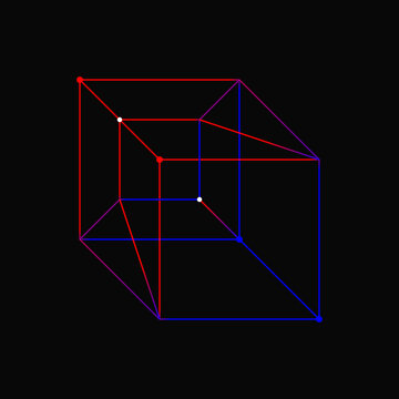 Abstract mathematical tesseract hypercube wireframe with neon gradient lines on a dark black background illustration