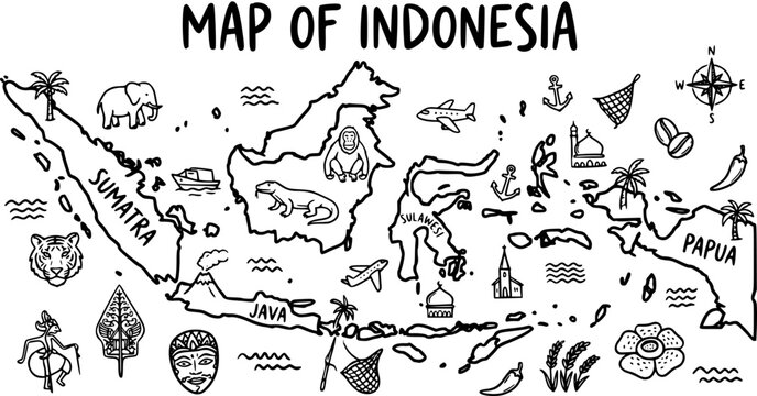 Hand-drawn Black and White Line Art Map of Indonesia. Outline Vector with Cultural Landmarks, Wildlife, and Travel Icons for Education and Tourism.