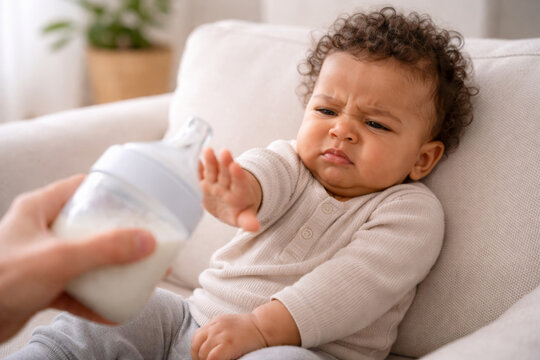 Baby refusing bottle while sitting on a cozy sofa at home