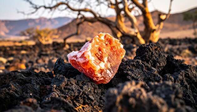 A rough-hewn reddish salt block resting on dark volcanic rock in an arid outdoor landscape