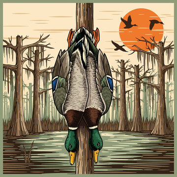 Two mallard ducks hanging on a wooden post in a cypress swamp with a vintage sunset background