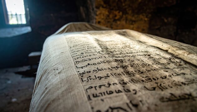 Ancient Demotic script on a linen burial shroud, faint but discernible text on aged fabric