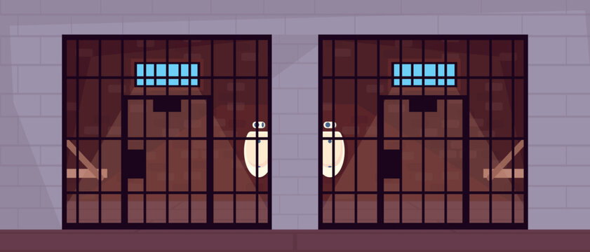 Vector illustration of gloomy prison interior. Cartoon scene of a police station with prison cells for holding prisoners, bars, doors, wall-mounted urinals, small windows, brick walls, floor.