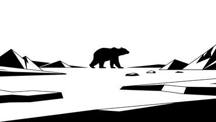 A solitary polar bear treks across a stark, black and white Arctic landscape, symbolizing resilience and the fragile beauty of the frozen wilderness © Ais