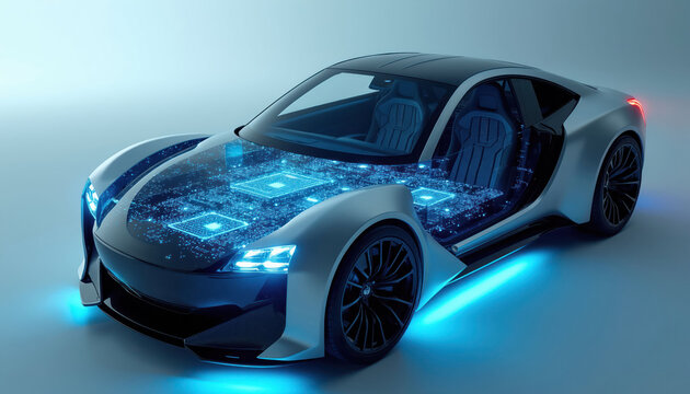 Futuristic car showcases internal electronic circuit board with glowing processors. Auto tech shows innovation, digital systems integrated in vehicle dashboard. Smart automobile displays power.