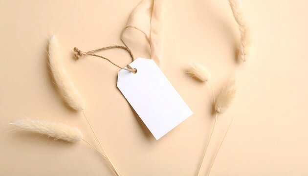 Blank Hanging Label with String Displayed on Soft Light Cream Background for Branding, Packaging and Product Tag Presentation