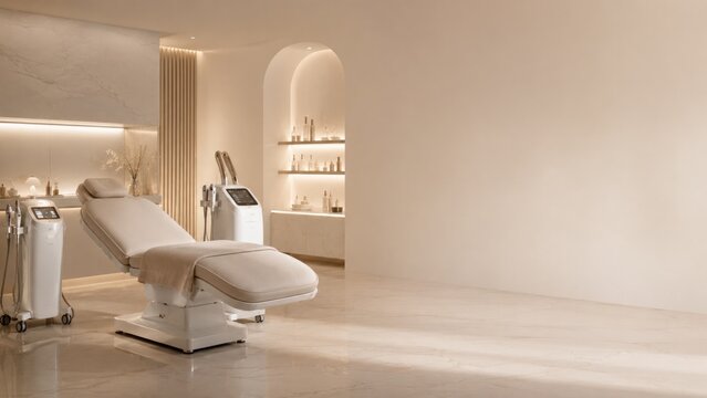 Luxury aesthetic beauty clinic interior with treatment bed and elegant copy space, medical spa, cosmetic dermatology, premium skincare wellness concept.
