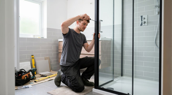Young male contractor installing glass shower cabin in modern bathroom. Professional handyman using screwdriver for home remodeling project