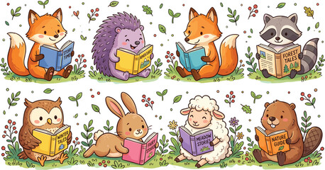Obraz premium Cute Woodland Animals Reading Books Vector Set with Cartoon Fox Hedgehog Raccoon Owl Rabbit Sheep and Beaver Characters in Nature Forest Setting