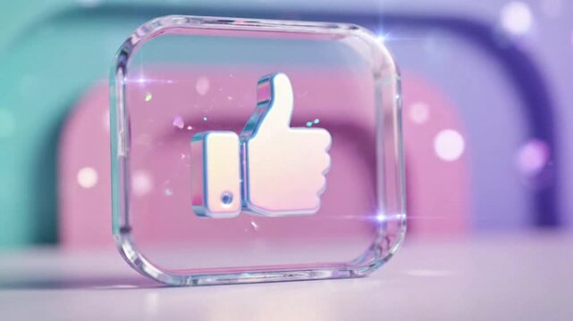 A transparent glassmorphism like icon with floating thumbs-up symbol inside crystal-clear rounded shapes, subtle pastel gradients, reflective transparent materials, elegant lighting