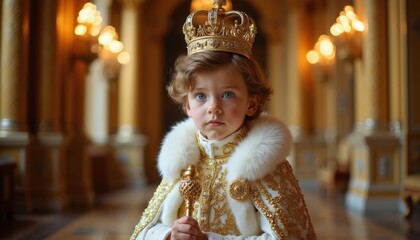 Fototapeta premium Young boy dressed as prince with crown and scepter stands in grand palace hall. He wears ornate regal cape with fur trim. Child holds gold rod, looks seriously ahead.